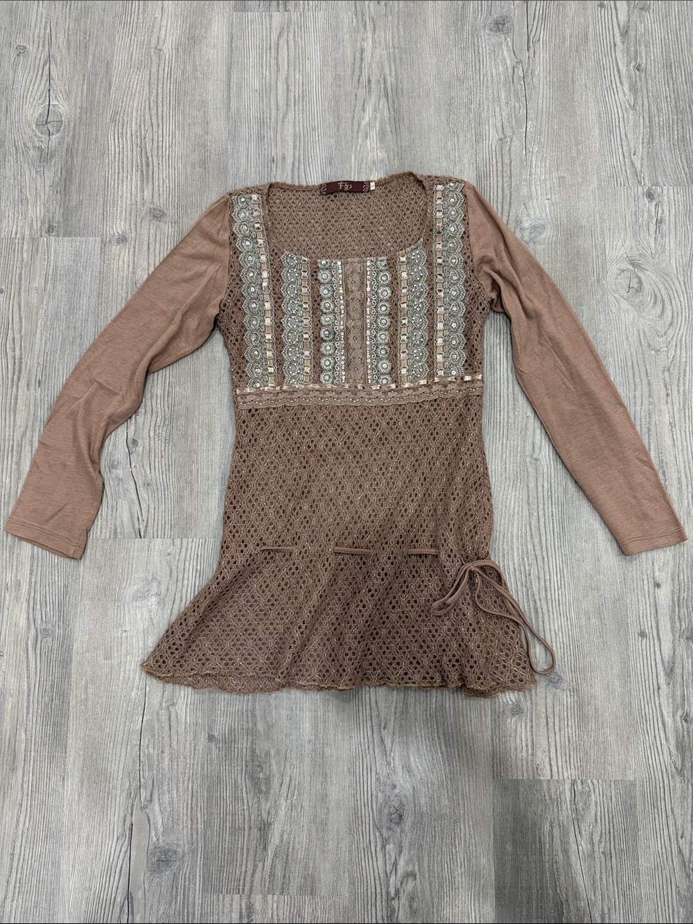 F&F Dusty Brown Crochet Tunic with Beaded Trim